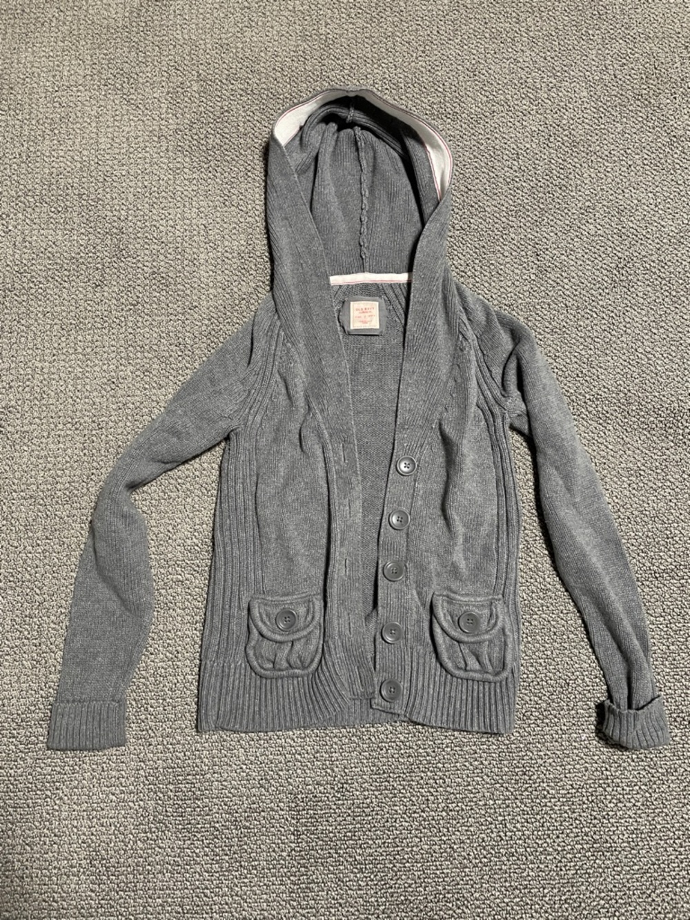 Old Navy Gray Hooded Knit Cardigan with Red Trim